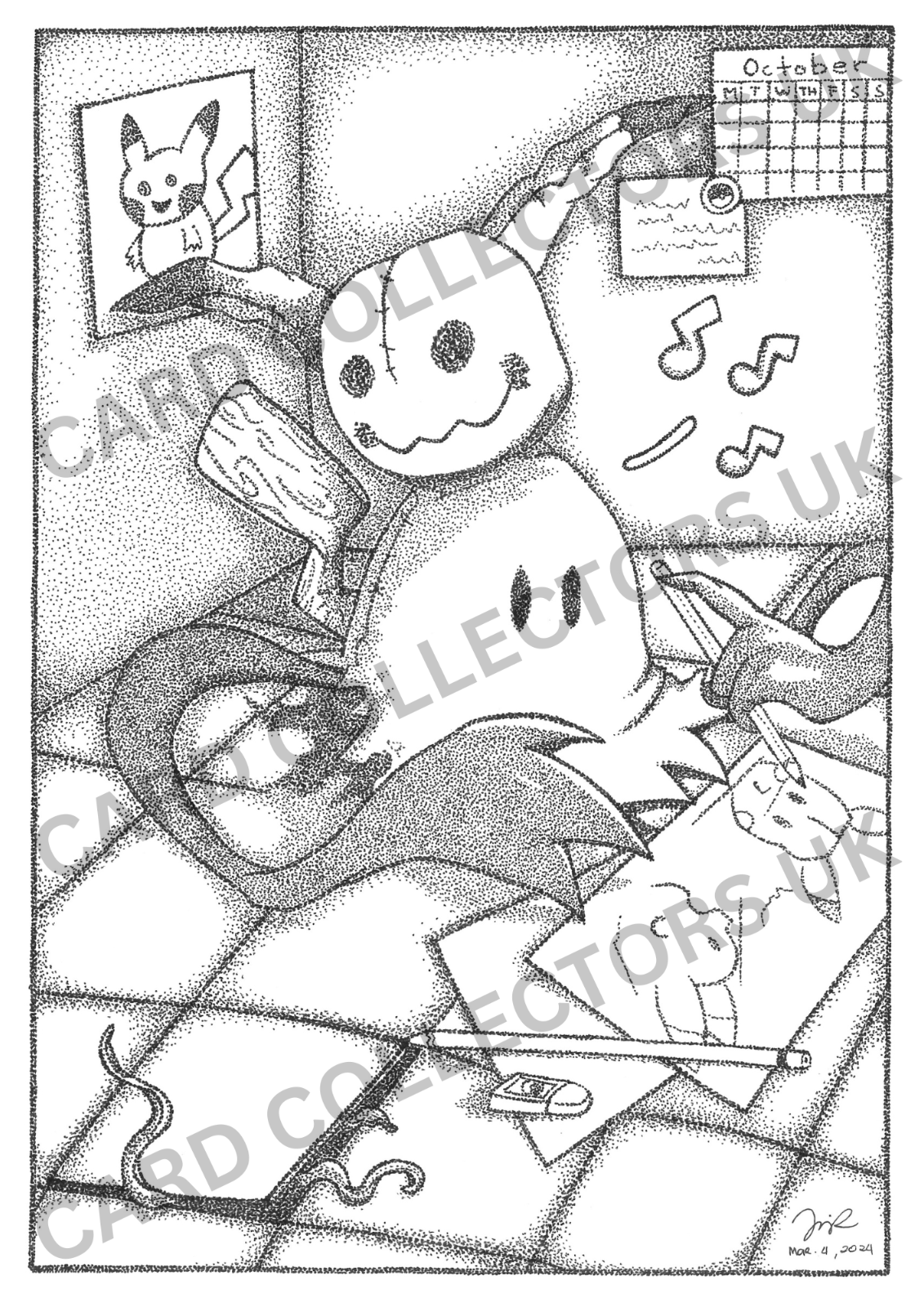 A4 Black & White Mimikyu Pokemon Pointillism Traditional Wall Art Poster Print