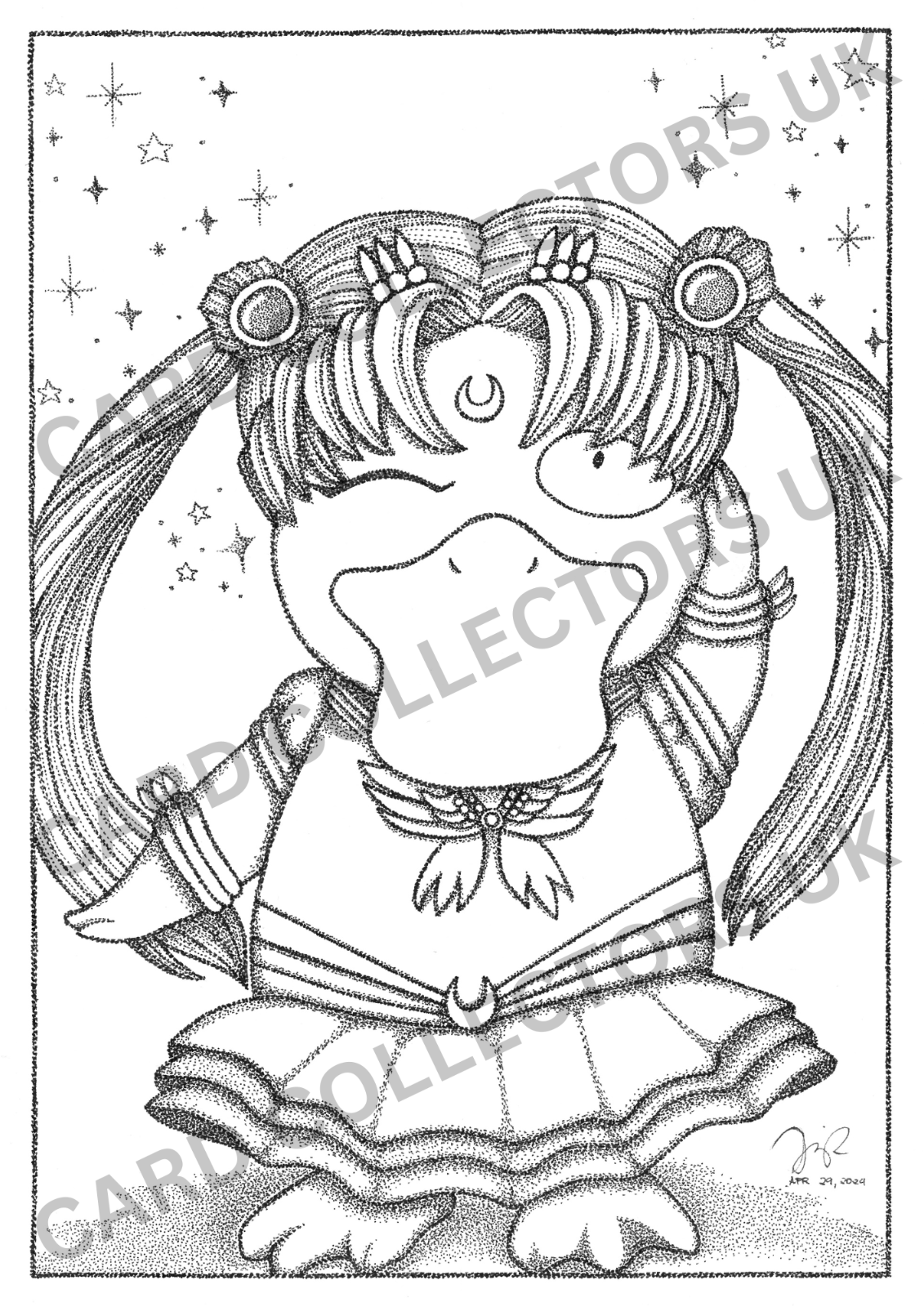 A4 Black & White Psyduck Sailor Moon Pokemon Pointillism Traditional Wall Print