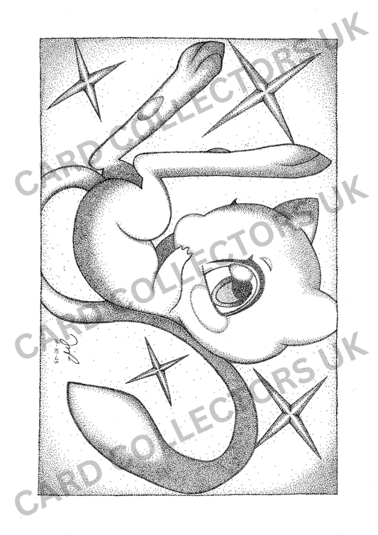 A4 Black & White Mew Pokemon Pointillism Traditional Wall Art Poster Print Ink