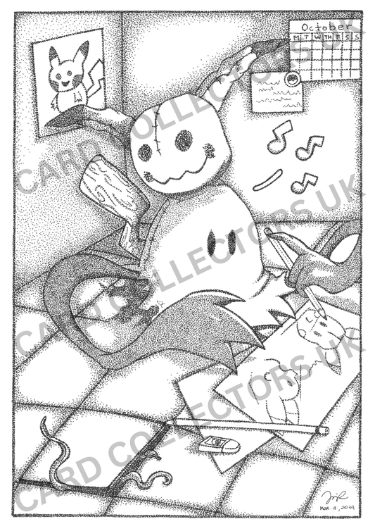A4 Black & White Mimikyu Pokemon Pointillism Traditional Wall Art Poster Print