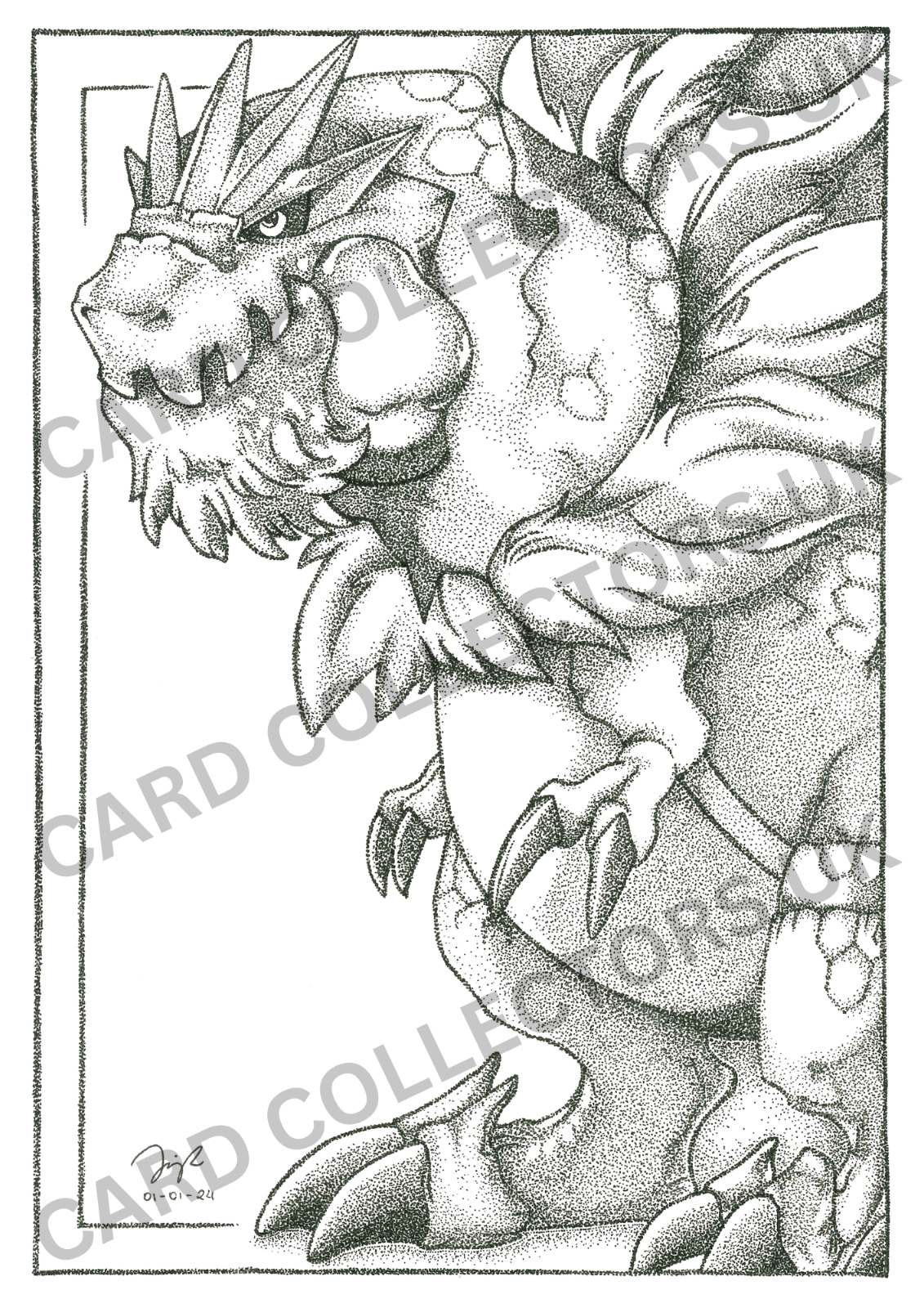 A4 Black & White Tyrantrum Pokemon Pointillism Traditional Wall Art Print Ink