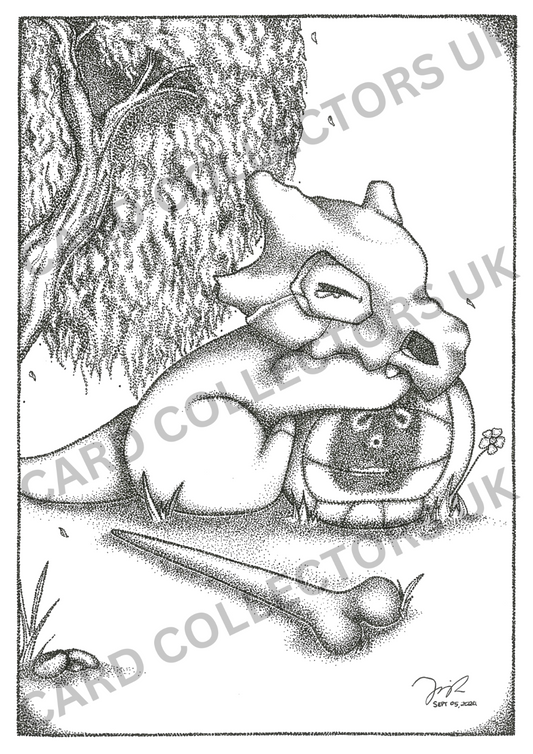 Pokemon Cubone Pointillism Art A4 Black & White Traditional Wall Poster Print