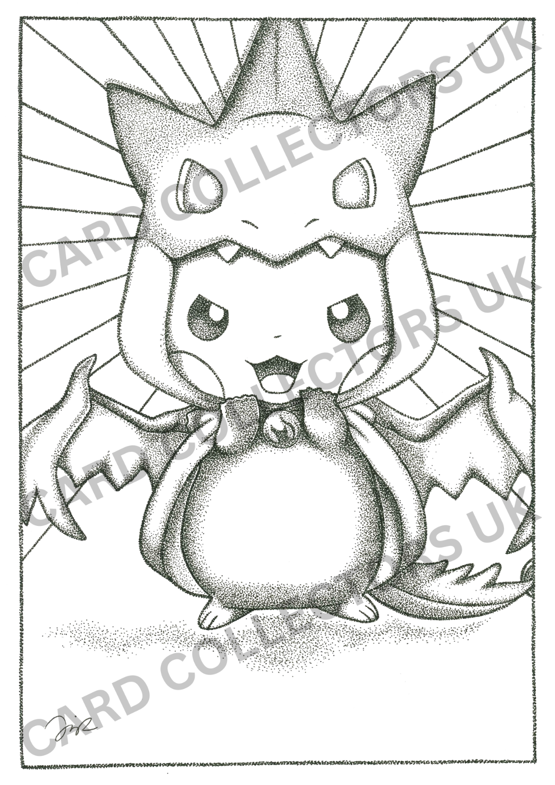 A4 Black & White Pikachu Poncho Pokemon Pointillism Traditional Wall Art Print