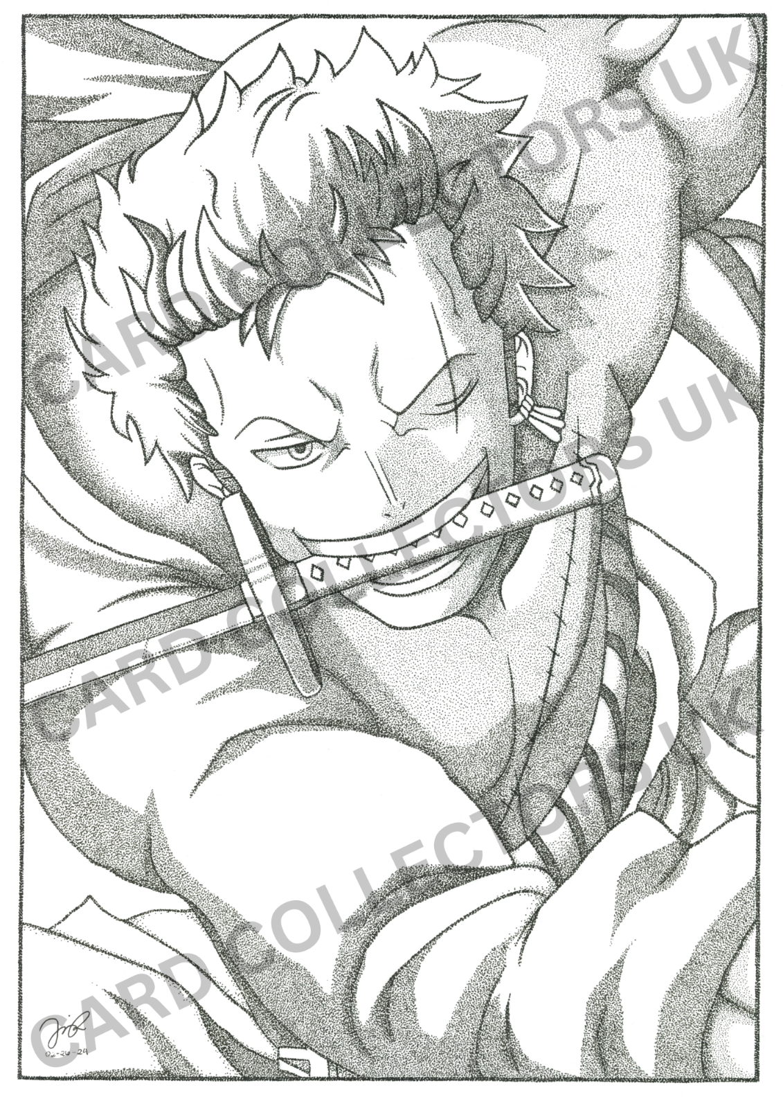 A4 Black & White Roronoa Zoro One Piece Pointillism Traditional Wall Art Print